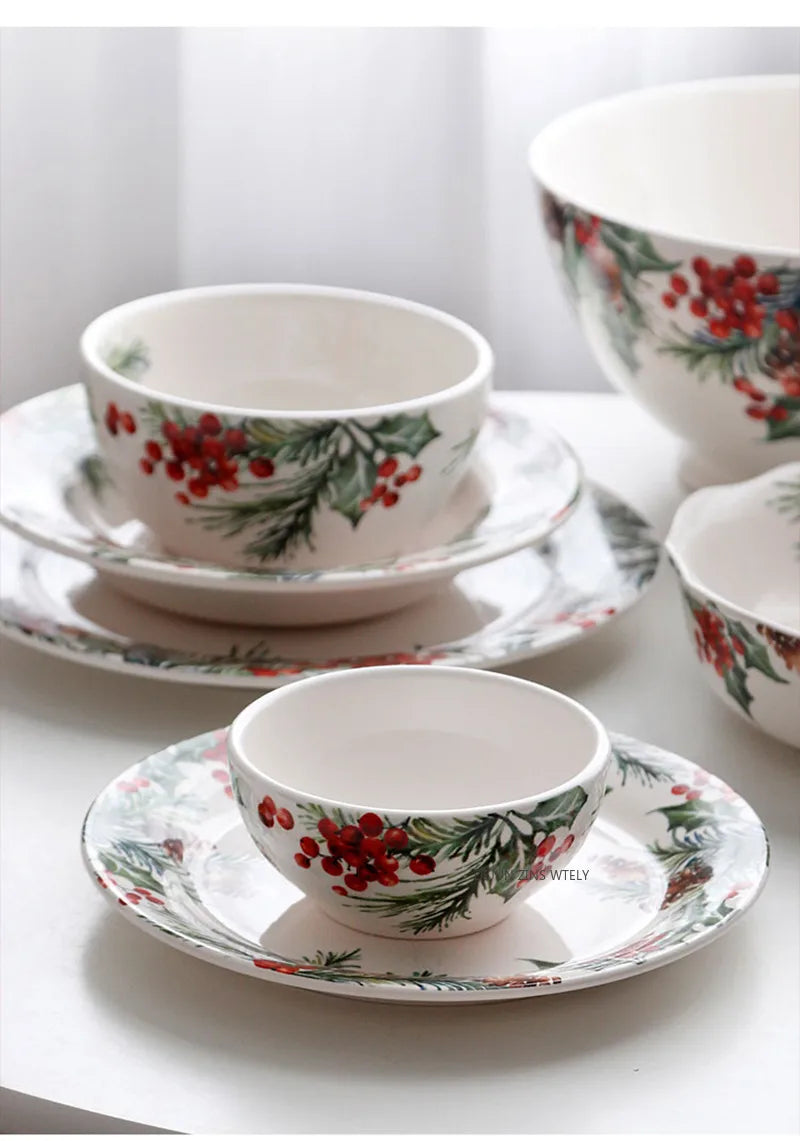 1PC Creative Kitchen Ceramic Plates Exquisite Christmas Tableware Steak Pasta Salad Plates High-quality Ceramic Dinner Plates.