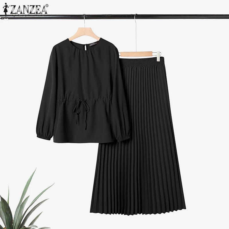 ZANZEA Elegant Women Autumn 2 Piece Sets Muslim Tracksuits Fashion Long Sleeve Tops Pleated Maxi Skirts Suit 2PCS Work Outfits.