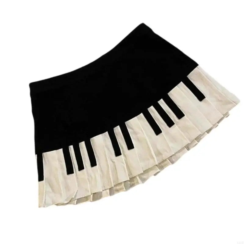 Y3NE Women Schoolgirl High Waist Pleated Flared Vintage Piano Print A Line Mini Skirt.