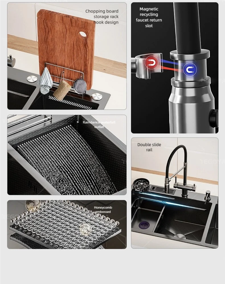 Waterfall Kitchen Sink Stainless Steel Large Double Slot With Chopping Board Rack Knife Holder Multifunctional Dishwash Basin