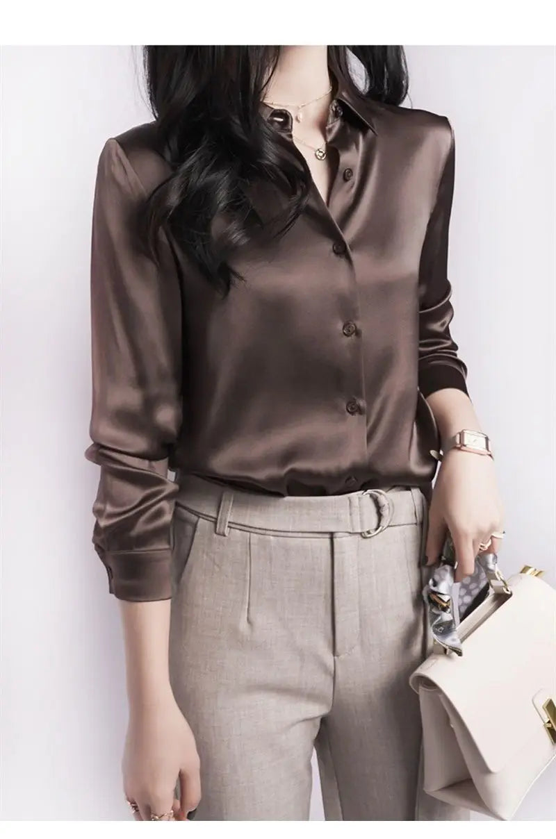 Spring Summer Casual Women's Satin Shirt Lapel Long Sleeve Blouse Loose Solid Color Office Lady Fashion Shirts Top.