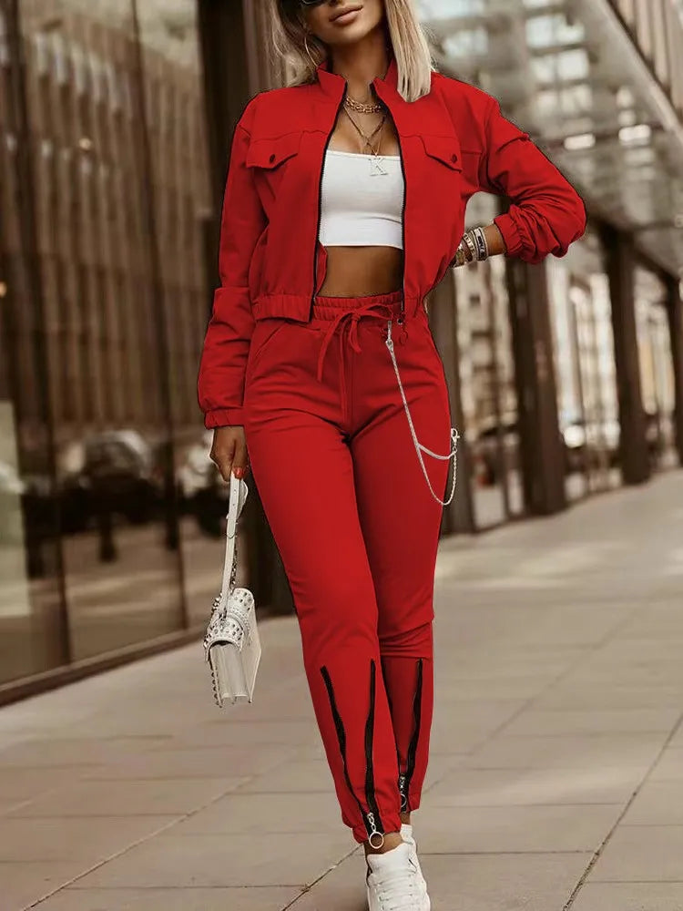 Autumn Women's New Zipper Short Long Sleeve Suit Solid Color Fashion Lace Up Casual Sports Small Foot Pants Female 2 Piece Set.