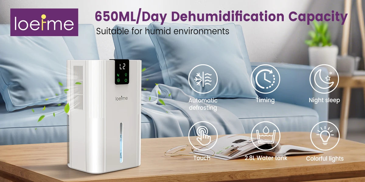 LOEFME 2800mL Air Dehumidifier 650ml/Day Silent Dryer Moisture Eliminator with Touch Display For Home Basement Bathroom Wardrobe.