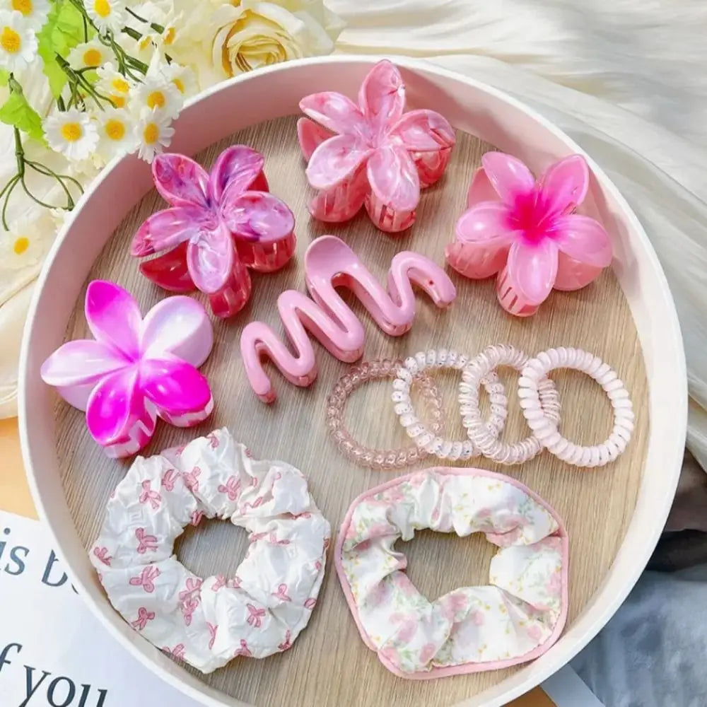 11pcs/Set Fashion Plumeria Hawaiian Hair Clamps Set Colorful Elastic Flowers Hair Clips Rubber Band Hair Rope Hair Accessories.