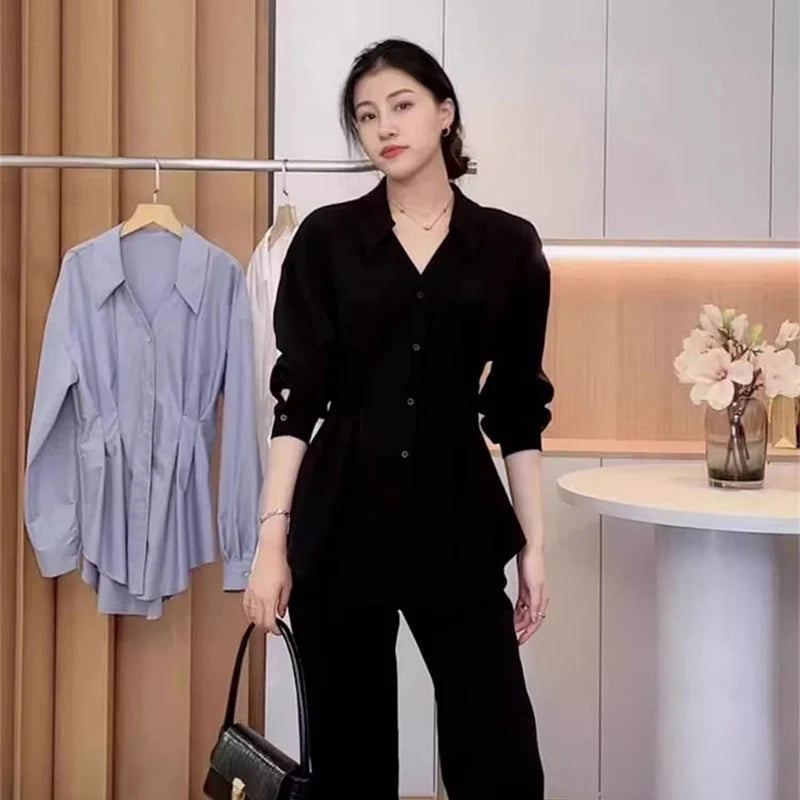 Waist Cinched Slimming Long Sleeve Shirts Women Spring Autumn All-Match Single Breasted Chic Shirt New Temperament Solid Tops.