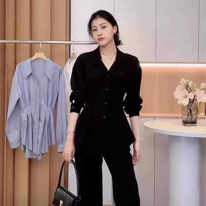 Waist Cinched Slimming Long Sleeve Shirts Women Spring Autumn All-Match Single Breasted Chic Shirt New Temperament Solid Tops.