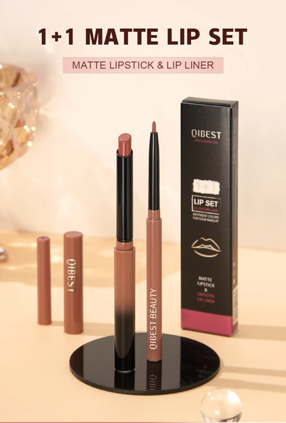 QIBEST 2pcs Lipstick Lipliner Pen Set Matte Nude Lip Liner Pencil Waterproof Long Lasting Lipstick Pen Contour Makeup For Women.