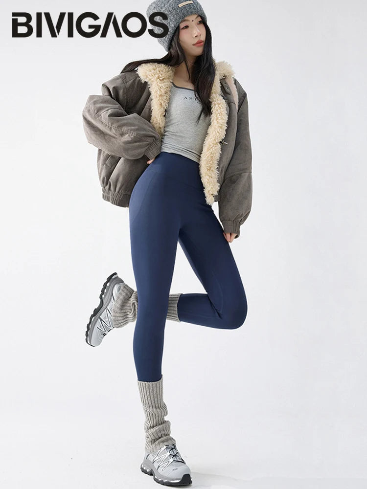 BIVIGAOS New Autumn Winter Cashmere Velvet Shark Leggings Women Red No-trace Thickened High Waist Butt Lifting Warm Leggings.