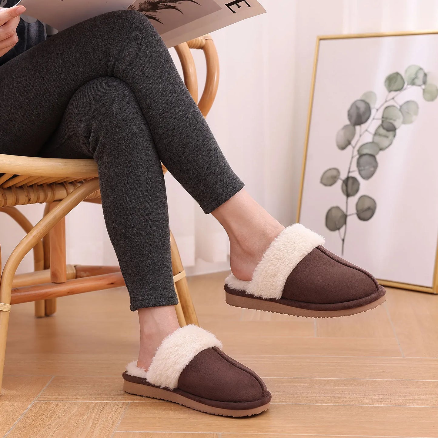 Evshine Women Plush Cotton Slippers Winter Indoor Warm Soft House Slipper Comfort Memory Foam Slides Outdoor Fur Fuzzy Flat Shoe