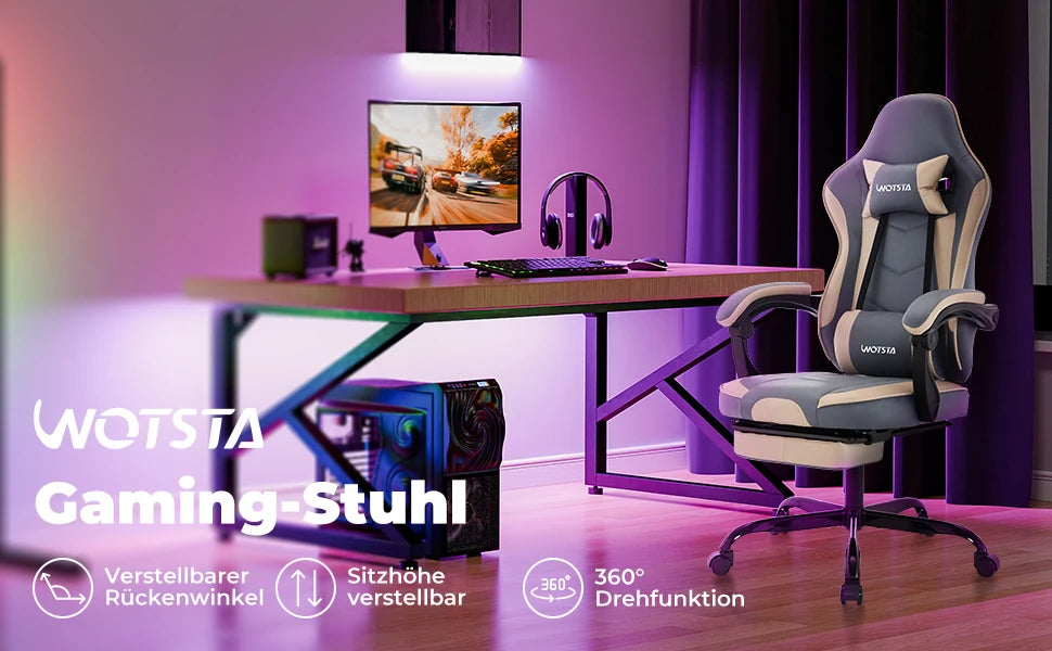 WOTSTA Gaming-Stuhl mit Fußstütze, Gamer-Stühle, ergonomisch, mit Lendenkissen, Kopfstützenstuhl, höhenverstellbarer Computerstuhl