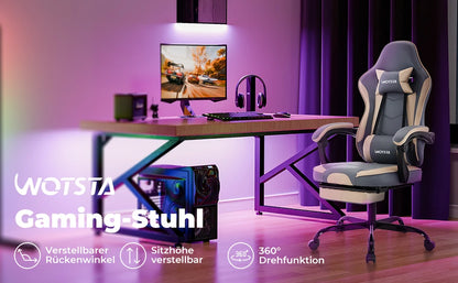 WOTSTA Gaming-Stuhl mit Fußstütze, Gamer-Stühle, ergonomisch, mit Lendenkissen, Kopfstützenstuhl, höhenverstellbarer Computerstuhl