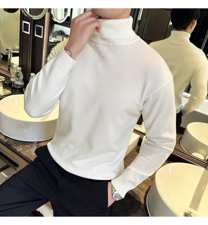 Korean Fashion Autumn Winter Sweaters Men Pullovers Fleece Turtleneck Knitted Sweatshirt Warm Bottoming Shirts.