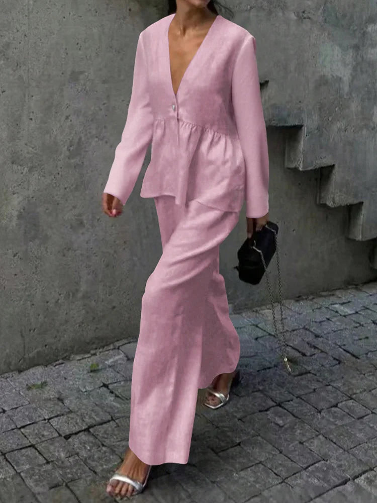 Summer Vacation Solid Color Simple Outfits Elegant V-neck Long Sleeve Tops&Wide Leg Pants Sets Fashion Loose Women's Commute Set.