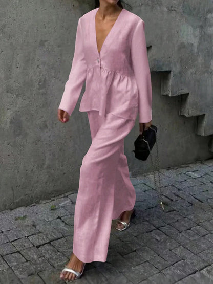Summer Vacation Solid Color Simple Outfits Elegant V-neck Long Sleeve Tops&Wide Leg Pants Sets Fashion Loose Women's Commute Set.