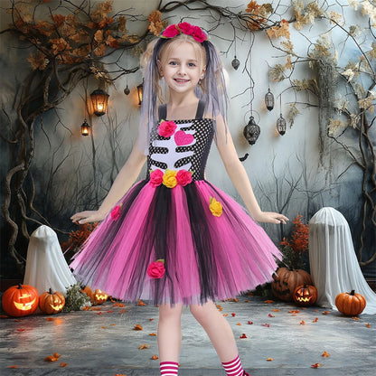 Halloween Kinder Kleid Cosplay Herz druck Skelett Kostüme Mädchen Blumen Schädel Tutu Kleidung Kinder Karneval Leistung Outfits