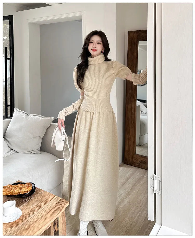 VigoAnne Spring Autumn 2025 Turtleneck Knit Woman 2 Piece Set Casual Solid High Waist Skirts Suits Korean Lady Long Dress Suit.