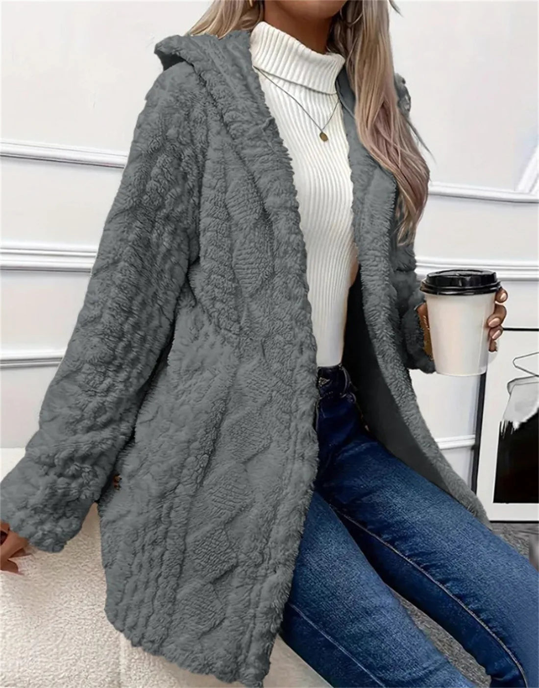 Women Cardigan Hoodie Jacket Autumn Winter Argyle Textured Pattern Hooded Irregular Hem Buttons Fleece Oversized Outerwear Coat.
