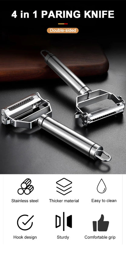 Stainless Steel Vegetable Peeler 4-in-1 Multi-Function Kitchen Tool with Anti-Slip Ergonomic Handle for Potato Carrot Cucumber.