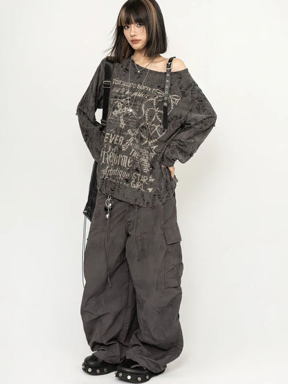 Y2k Long sleeve T shirt Women Off shoulder Oversize Tops Female Spring Autumn Vintage Holes Basic Tees Streetwear Chic.