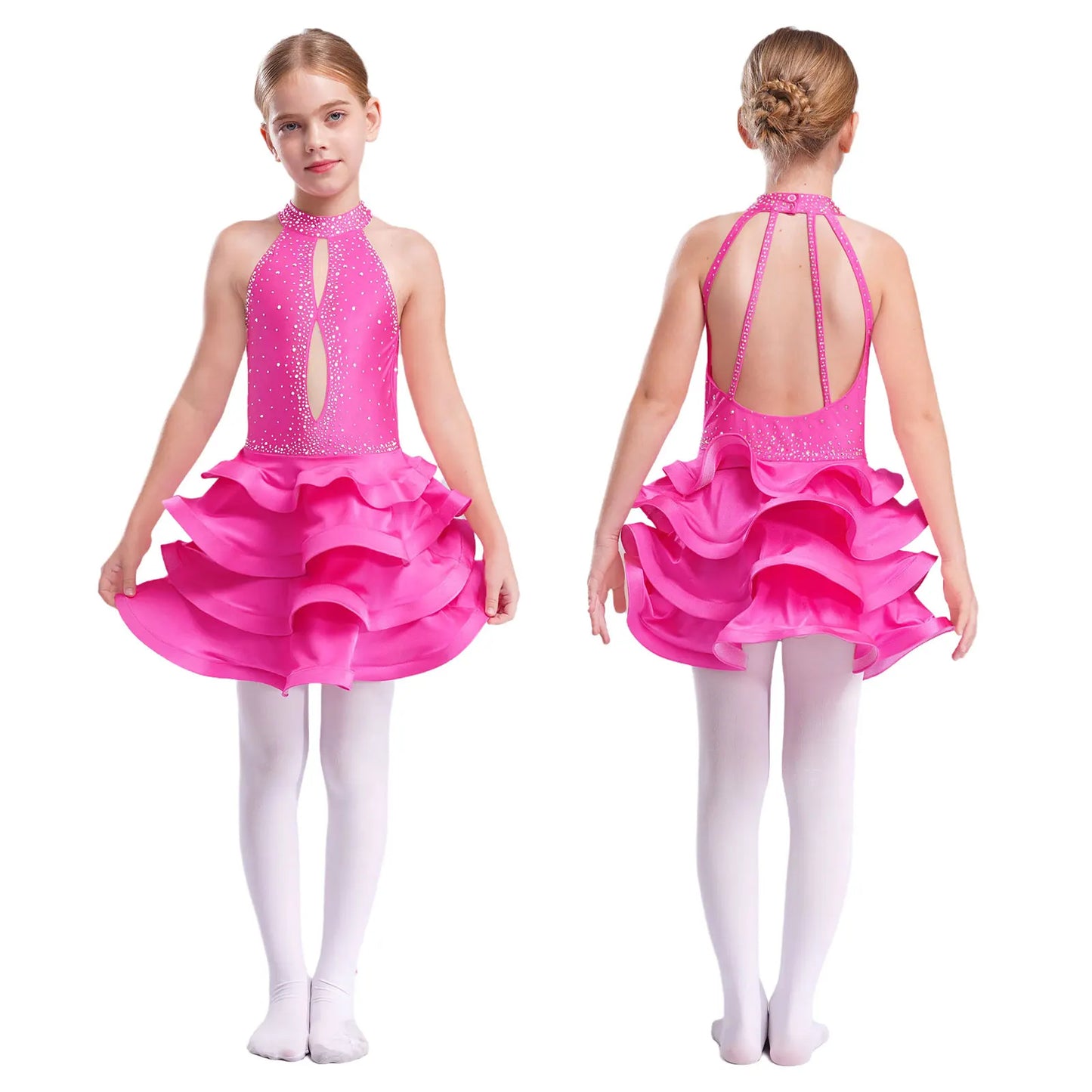 Eiskunstlauf-Kostüm für Teenager-Mädchen, lateinamerikanischer Tanz, Cha-Cha, Tango, Performance-Tanzbekleidung, ärmelloses, gestuftes Kleid mit Strasssteinen