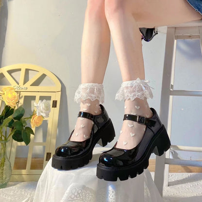 Women Lolita Transparent Mesh Crew Socks Sweet Ruffled Lace Trim Bowknot Cute Love Heart Pattern Anime Princess Hosiery.