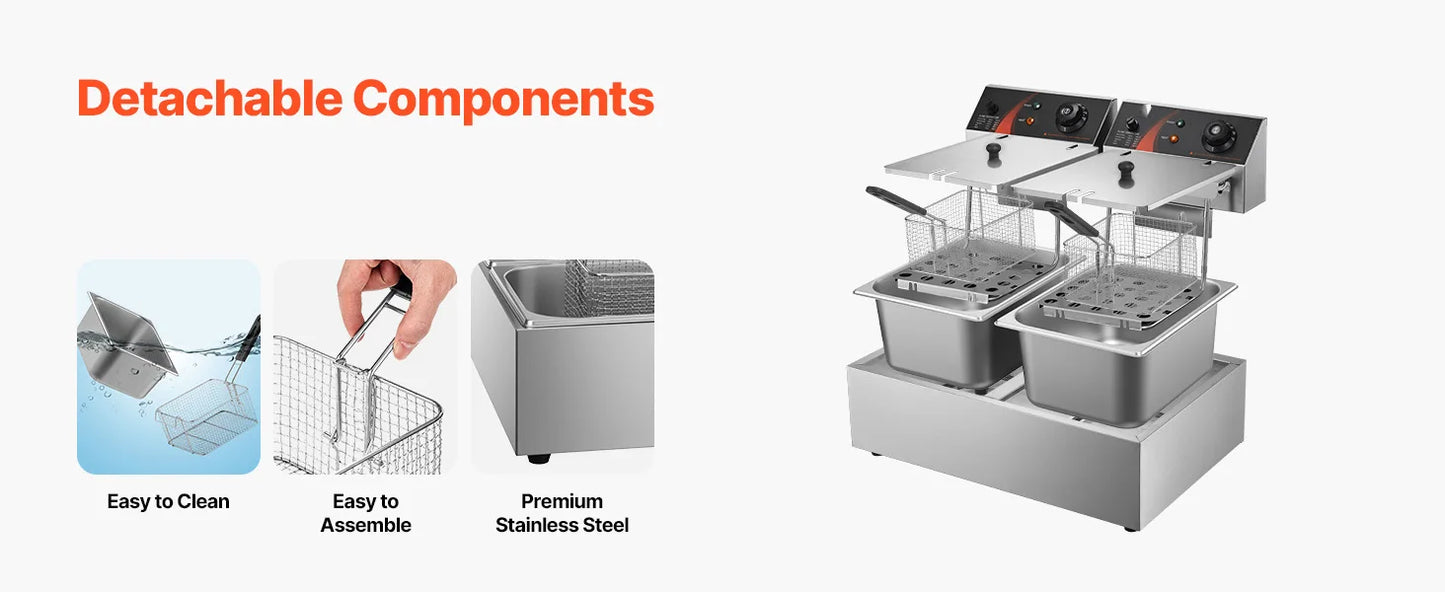 SucceBuy 12L 5000W elektrische Fritteusen, zwei Tanks mit Doppelkorb und Deckel, doppelte Fritteuse, einstellbare Temperaturregelung