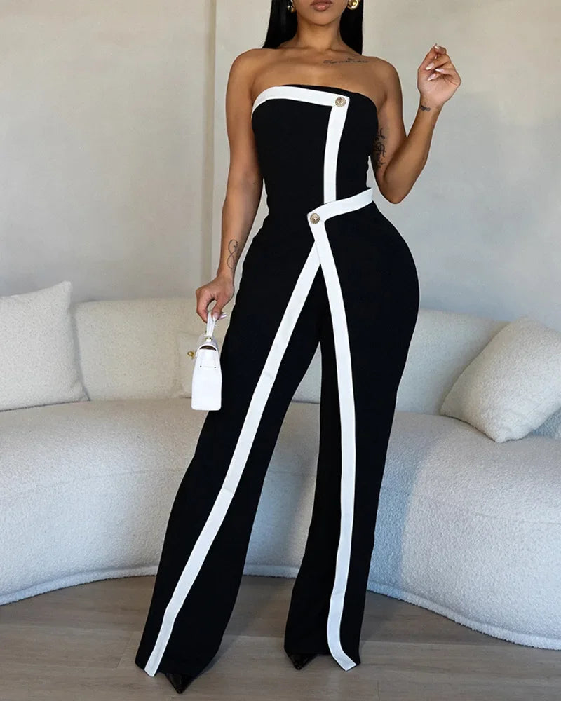 Elegant Colorblock Patchwork Asymmetrical Bandeau Sleeveless Slim Fit Jumpsuit Women Button Decor Overall for Lady Office.