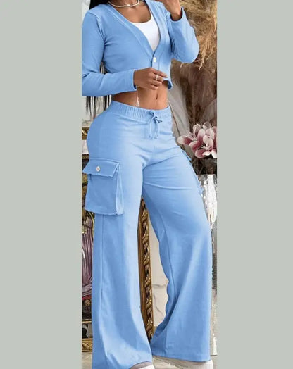 Autumn Fashionable And Elegant Solid Color Women's Suit Long-sleeved V-neck Short Coat Pocket Wide-leg Drawstring Trousers Suit.