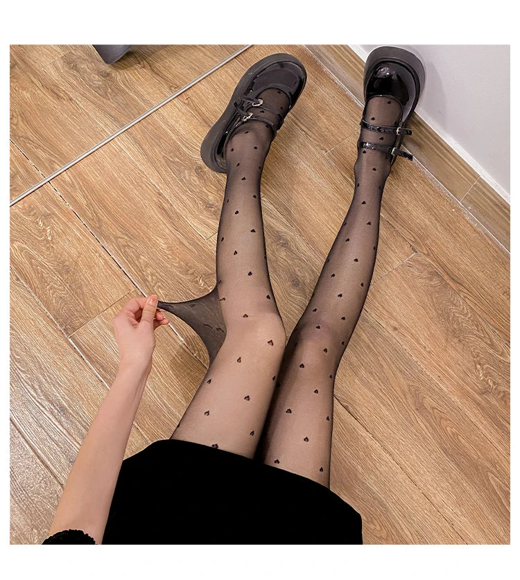 Heart Print Women Tights Ultra-thin Nylon Thigh High Stockings Pantyhose Women Lingerie Female Hosiery High Waist Body Stockings.