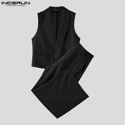 INCERUN Summer Men's Sets Solid Color Sleeveless Tops Tee Buttons Summer Long Pants Male Two-piece Suits Streetwear 2PCS S-5XL