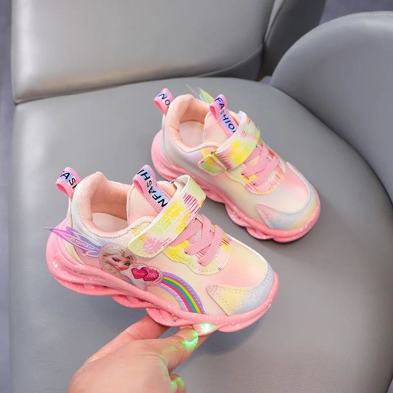 Disney Casual Sneakers LED Lighted For Spring Girls Frozen Elsa Princess Rainbow Outdoor Children Non-slip Pink Purple Shoes.