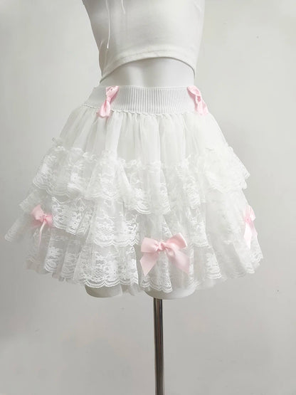 Multilayered Lace Skirts for Sweet Girls Summer Ribbons Bows Decoration Elastic Waist Lolita Style White Skirt Kawaii Clothes.