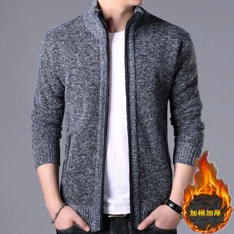 New Men's Casual High Collar Long Sleeve Knitted Top with Velvet Warmth for Autumn and Winter Fashion Multi Functional Jacket.