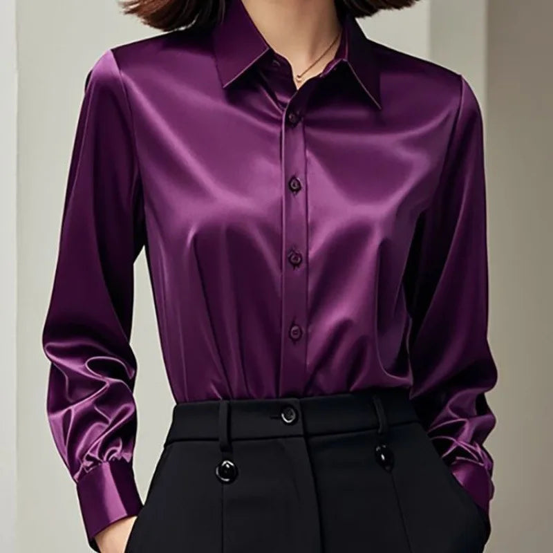 2025 Summer Women's Satin Shirts Elegant Plain Long Sleeve Blouse Office Lady Button-Up Shirt Top Female Shirts Blouse Autumn.