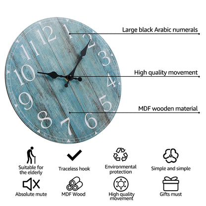 Wanduhr-Set, hölzerne Hängeuhr, 25,4 cm, geräuschlos, nicht tickend, Dekor, Retro, rund, batteriebetrieben, Hängeuhr für Zuhause