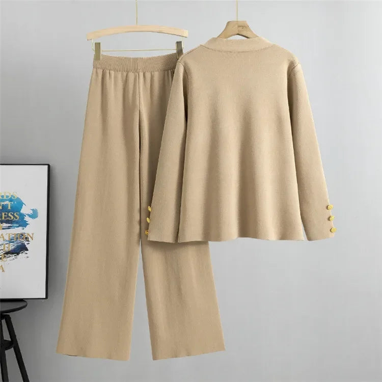 2 Piece Sets Muslim Ensemble Knitting Outfits Women Cardigan Sweater Buttons Pockets Knit Wide Leg Pants Suit Casual Knitwear.