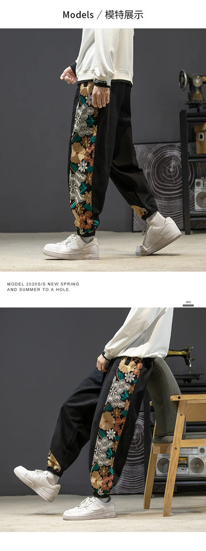 Fashion Casual Pants Men's Clothing Cotton Japanese Samurai Embroidery Patchwork Harem Trousers Oversized Harajuku Joggers Male.