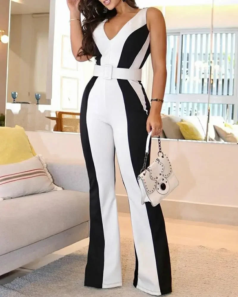 Spring and Summer New Women's Fashion Casual Slim Striped V-neck Black and White Contrast Jumpsuit--without Belt.