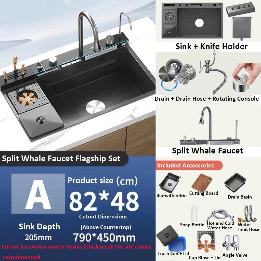spülbecken küchen new design High-end kitchen sink Knife holder with integrated whale-shaped faucet storage trash can 82*48cm
