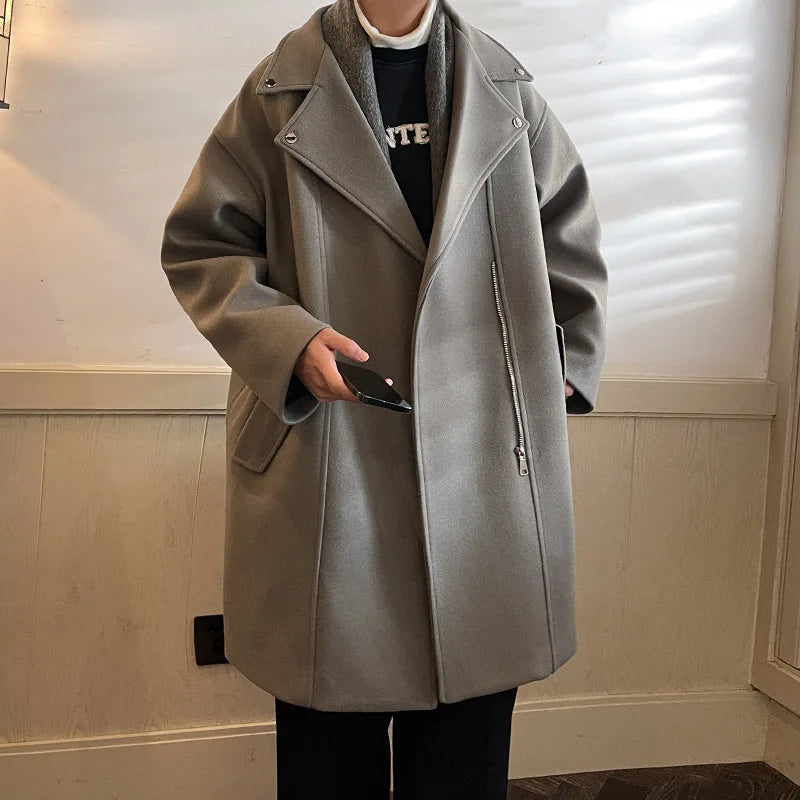 Winter Fashion Woolen Dust Coats Men Zipper Decor High Quality Korean Style Loose Casual Windbreaker Men's Thick Warm Trenchcoat.