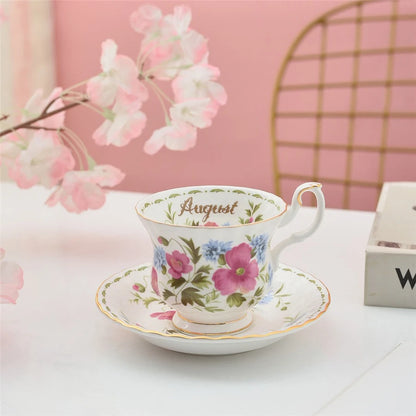 Coffee Cup and Saucer Set Month Flower Mug Bone China Drinking Set Ceramic Cup and Saucer Home Teacup Dessert Saucer Gifts.