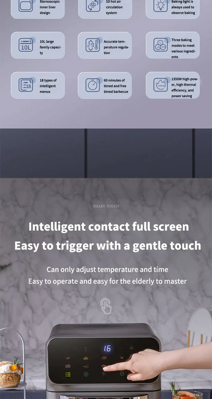 10L Large Capacity Electric Air Fryers Oil-free Automatic Household Kitchen 360°Baking Convection Oven Deep Fryer without Oil.