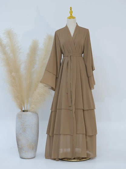 Eid Muslim Abaya for Women Chiffon 3 Layers Cake Party Cardigan Robe Jalabiya Dresses Ramadan Morocco Abayas Kaftan Vestidos