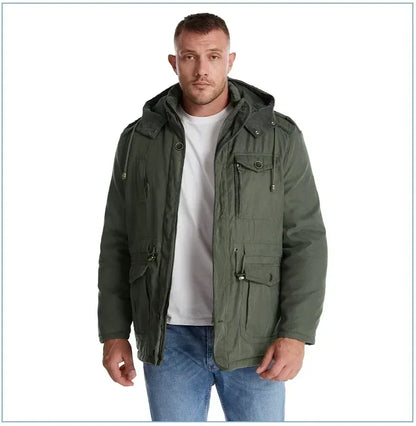 Men's Jacket WINTER USA SIZE Large SIZE Lamb Fleece JACKETS Hooded Cotton Thickened Multi Pocket Casual Mid length Coat