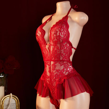 Backless Sexy Crotchless Teddy Bodysuits Lace Transparent Babydolls Nightwear Women Erotic Costume One-piece Deep V Hot Lingerie.