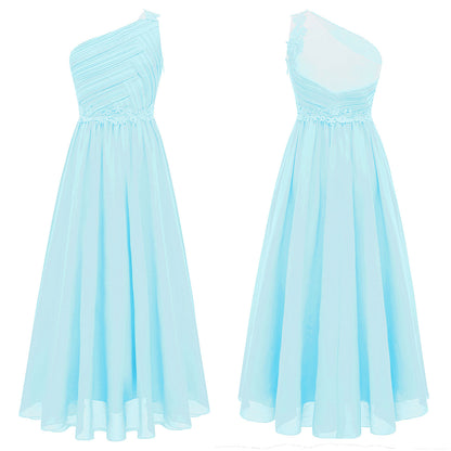 Mädchen Hochzeit Brautjungfer Kleid One Shoulder Elegante Guipure-Spitze Geraffte Chiffon Maxi Party Kleider Geburtstag Abend Abendkleid
