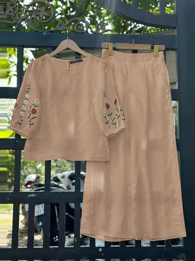 ZANZEA Fashion Women 3/4 Sleeve Embroidery Blouse Pants Sets Autumn 2PCS Floral Tracksuit Casual Loose Wide Leg Trousers Suits.
