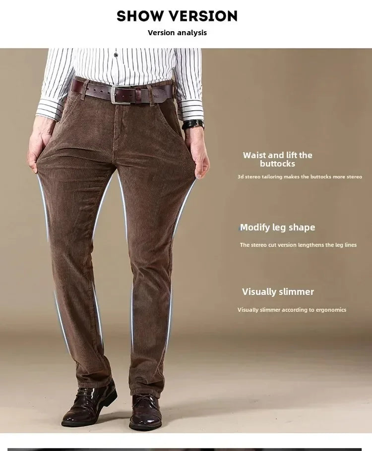 2025 Spring Autumn Men's Corduroy Casual Pants Straight Leg Loose Fit Youth Winter Thick Warm Velvet Long Pants for Men Trousers.