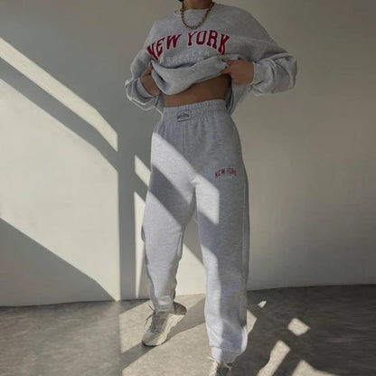 Warm Suit Autumn Winter Women Solid Set Elegant O-neck Pullover Hoodie And Pocket Trousers Two-Piece Set Lady Casual Loose Sets