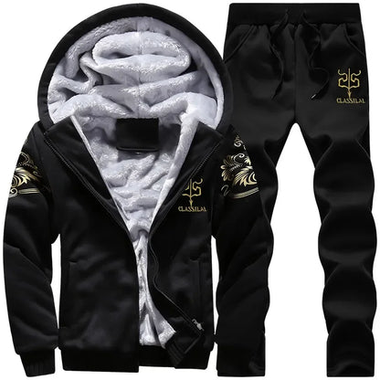2024 New Winter Thick Men Sports Suit Tracksuit Hooded Sportswear Zipper Cardigan Hooded Woolen Trousers Pants Casual Men Set.